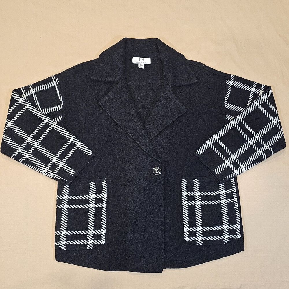 MAGASCHONI Cardigan JACKET‎ BLACK & WHITE Plaid Sleeves/ Pockets Button Medium